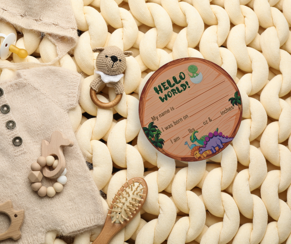 Birth Announcement Sign with Stand - Dino