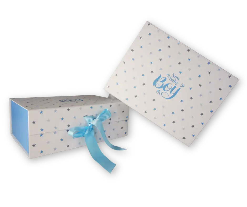Baby boy gift box with blue ribbon, star pattern, and 'New baby boy' text on lid