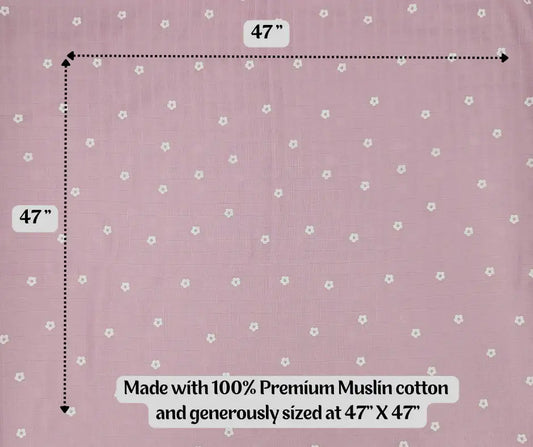 Mauve muslin baby swaddle blanket with white daisy print, 47 by 47 inches, 100% cotton.