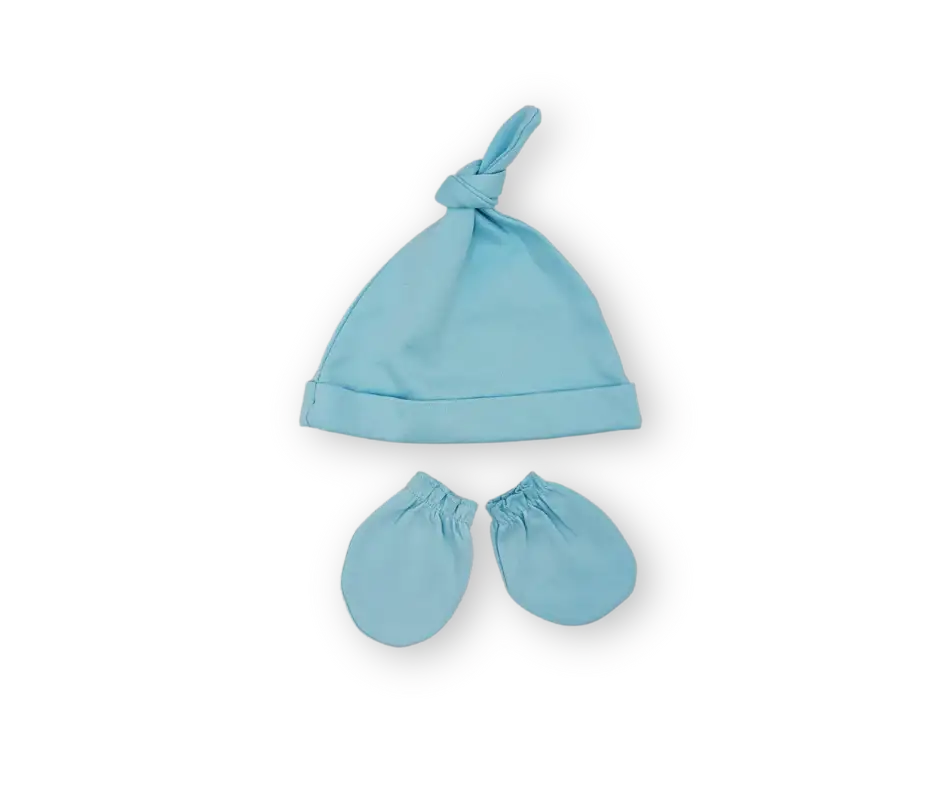 Light blue baby knotted cap and mittens set on black background