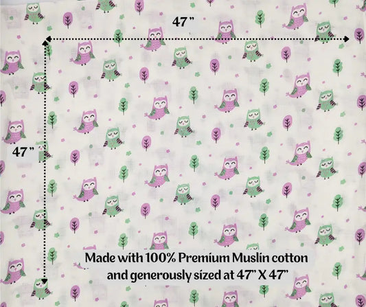 47x47 inch muslin cotton baby swaddle blanket with purple and green owl print