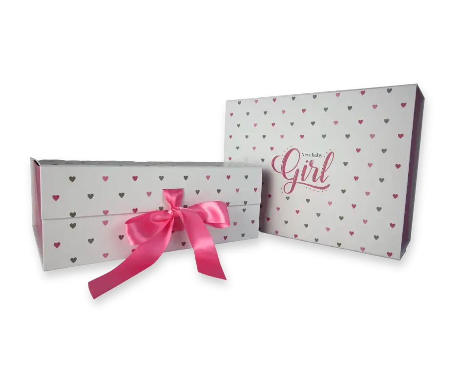 Pink baby girl gift box with heart pattern and satin ribbon, ideal for newborn gifting