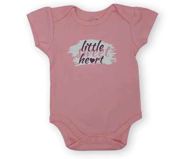 Pink baby bodysuit with short sleeves and 'little sweetheart' text on front