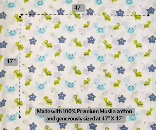 Sea turtles and sea creatures muslin baby swaddle, 47x47 inches, soft cotton fabric