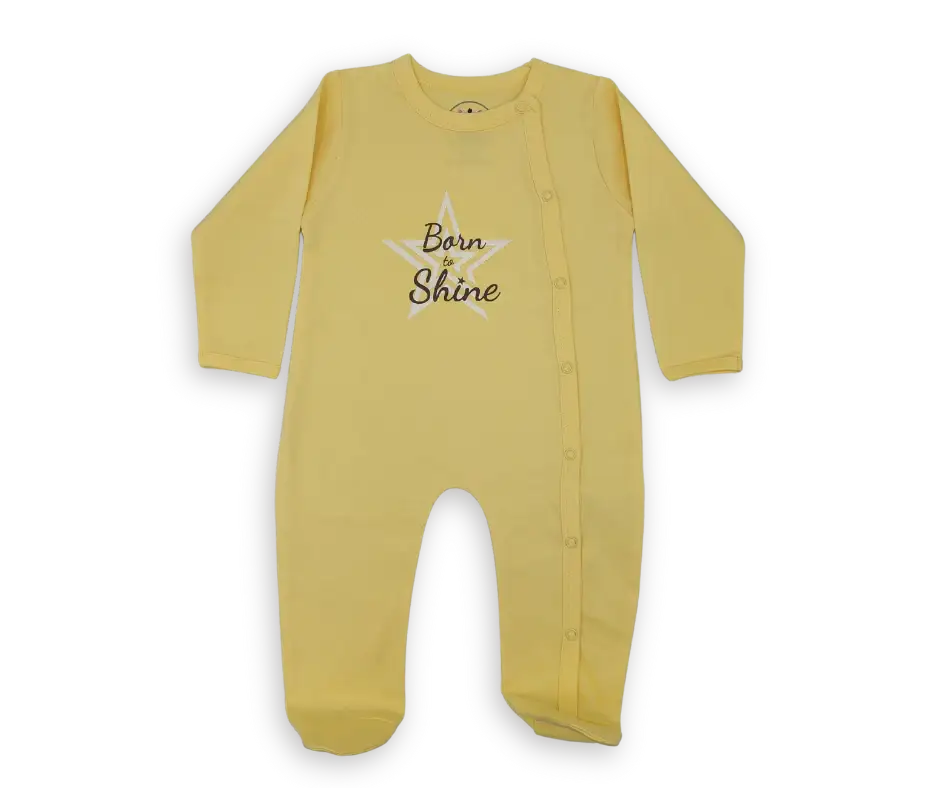 Yellow baby bodysuit with 'Born to Shine' text and star graphic, long sleeves, snap closure