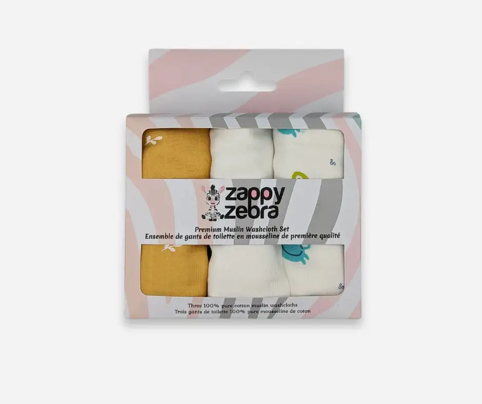Boxed set of premium muslin baby washcloths in yellow and white with cute prints