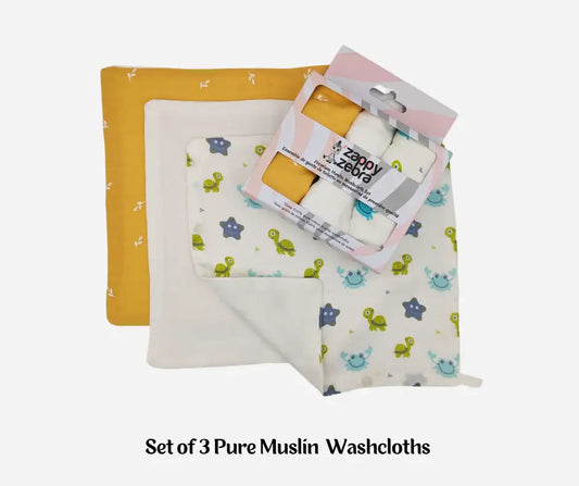 Set of 3 pure muslin baby washcloths in yellow, white, and animal print, with packaging.