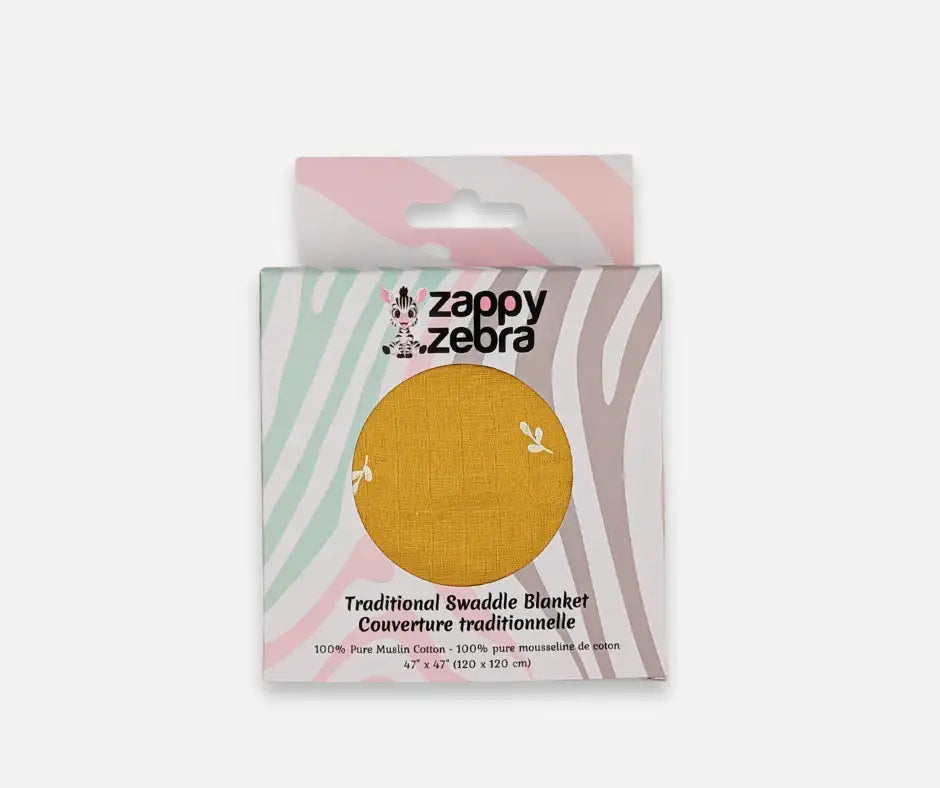 Yellow ochre muslin swaddle blanket in patterned box, 100% cotton, 47x47 inches