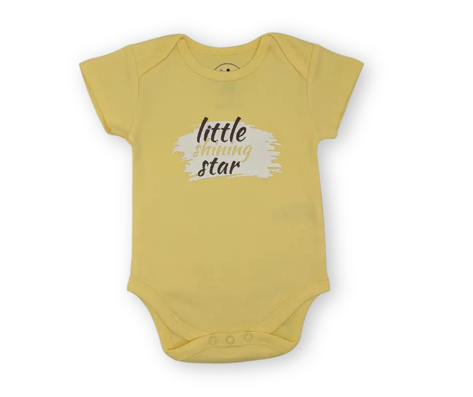 Yellow baby bodysuit with 'little shining star' text, short sleeves, snap closure