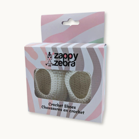 Package of crochet shoes with Zappy Zebra branding on a white background